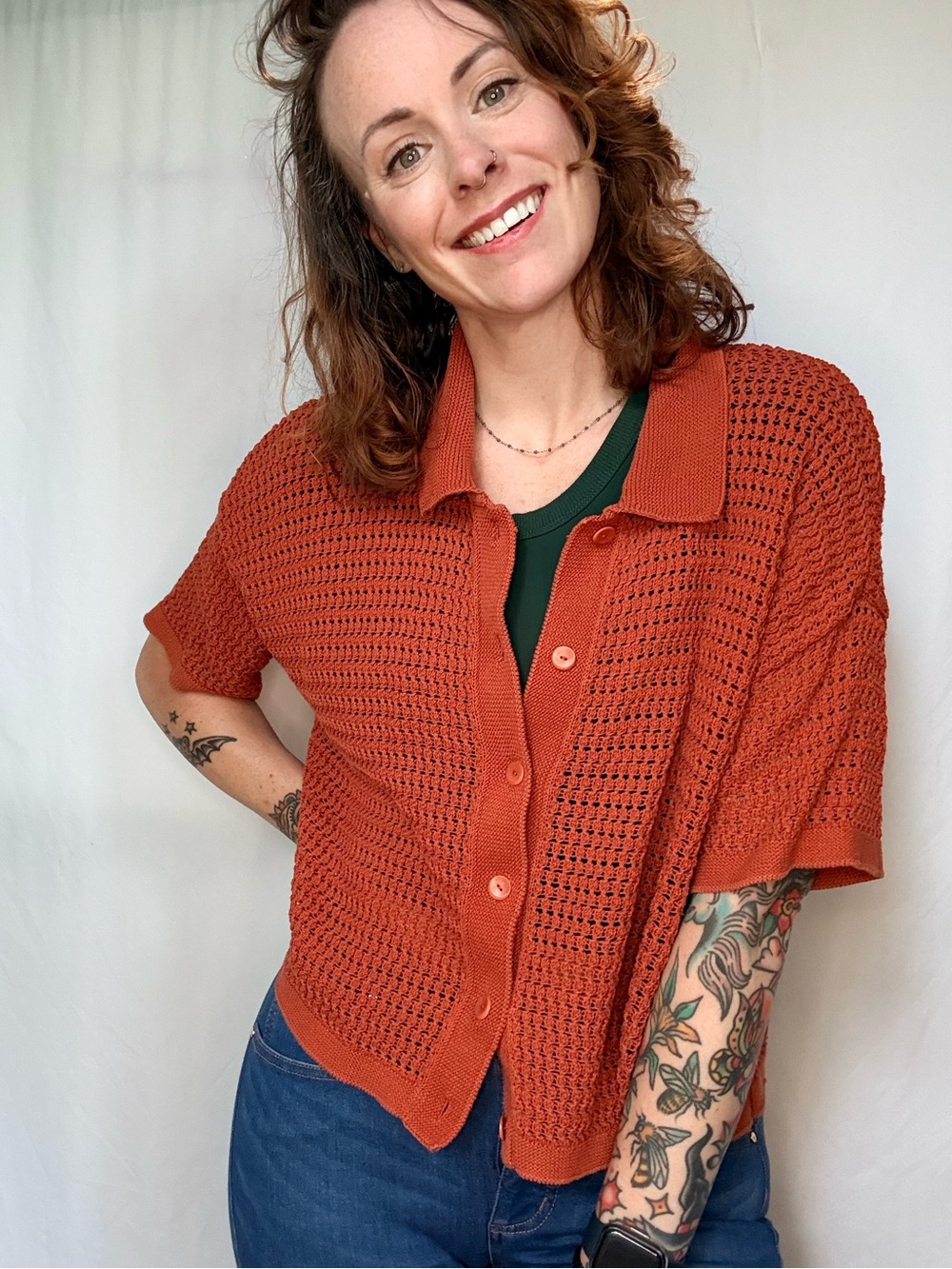 Madewell Orange Open-Knit Button Cardigan